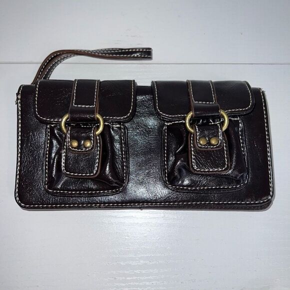 Nine West Clutch Purse With Wrist Strap Brown Wallet Bag Zipper Snap Closure - Picture 1 of 10